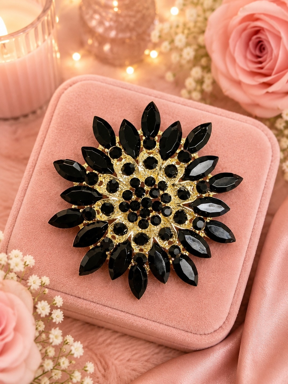 Elegant Black and Gold Floral Crystal Brooch - Women Jewelry